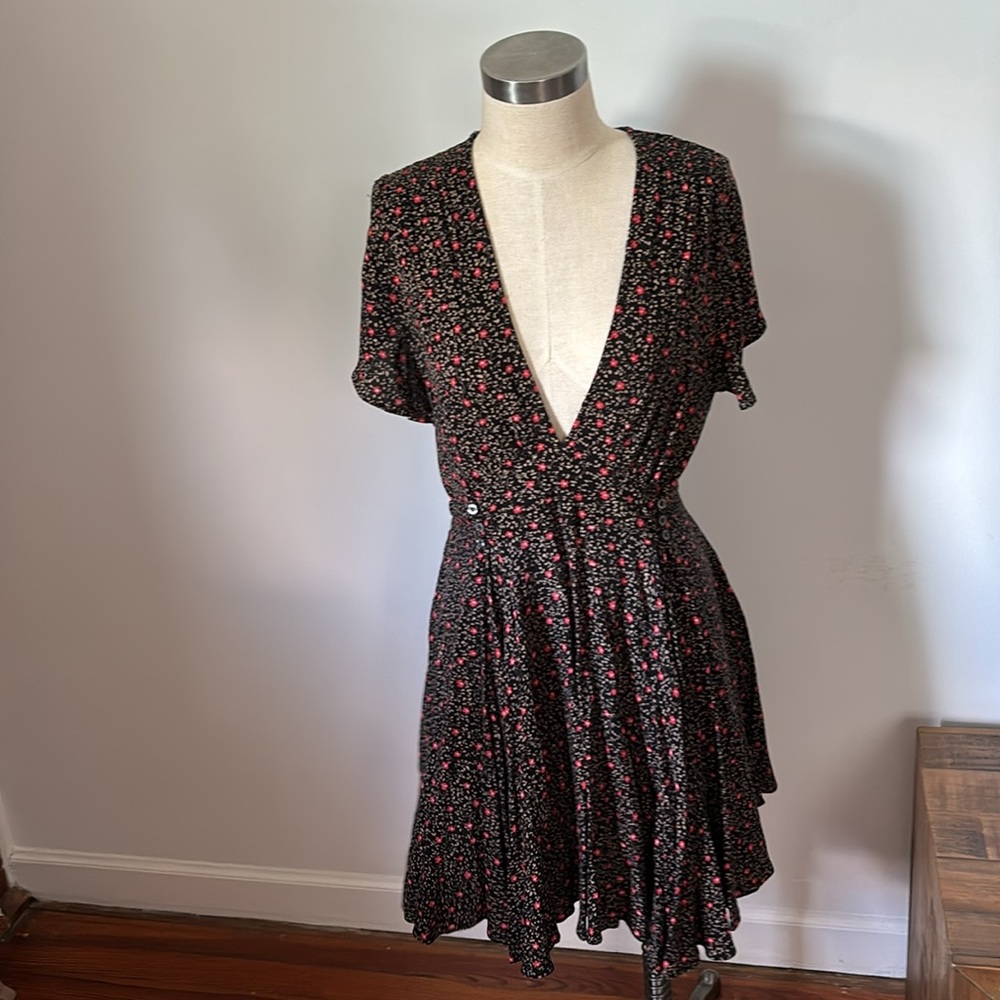 Free People Black Floral Wrap Dress with Pink Accents